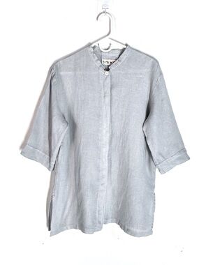 Jams World Linen 3/4 Sleeves Mandarin Collar Button Down Shirt Light Blue Size L